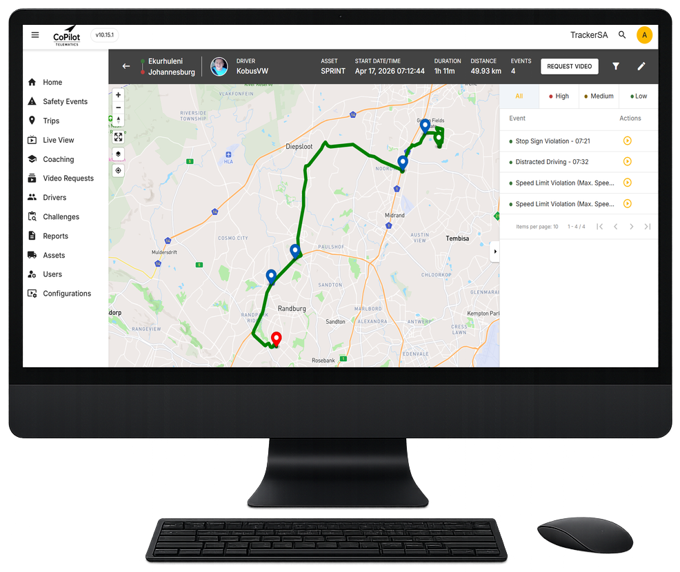 CoPilot fleet management dashboard showing a trip route and safety events